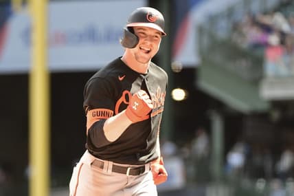 Jun 8, 2023; Milwaukee, Wisconsin, USA; Baltimore Orioles shortstop Gunnar Henderson (2) reacts after hitting a 2-run home run against the Milwaukee Brewers in the eighth inning at American Family Field. Mandatory Credit: Benny Sieu-USA TODAY Sports