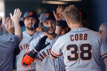 Jun 8, 2023; Denver, Colorado, USA; San Francisco Giants right fielder Michael Conforto (8) celebrates in the dugout on a two run home run in the sixth inning against the Colorado Rockies at Coors Field. Mandatory Credit: Isaiah J. Downing-USA TODAY Sports