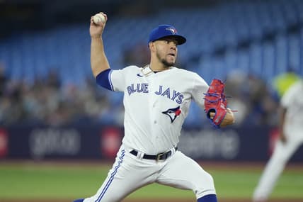 Jun 8, 2023; Toronto, Ontario, CAN; Toronto Blue Jays starting pitcher Jose Berrios (17) pitches to the Houston Astros during the first inning at Rogers Centre. Mandatory Credit: John E. Sokolowski-USA TODAY Sports