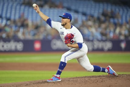 Jun 8, 2023; Toronto, Ontario, CAN; Toronto Blue Jays starting pitcher Jose Berrios (17) pitches to the Houston Astros during the second inning at Rogers Centre. Mandatory Credit: John E. Sokolowski-USA TODAY Sports