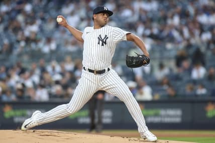 Jun 8, 2023; Bronx, New York, USA; New York Yankees starting pitcher Randy Vasquez pitches in the first inning against the New York Yankees at Yankee Stadium. Mandatory Credit: Wendell Cruz-USA TODAY Sports