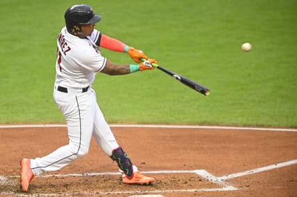 Jun 8, 2023; Cleveland, Ohio, USA; Cleveland Guardians third baseman Jose Ramirez (11) hits a two-run home run in the third inning against the Boston Red Sox at Progressive Field. Mandatory Credit: David Richard-USA TODAY Sports