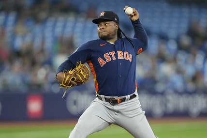 Jun 8, 2023; Toronto, Ontario, CAN; Houston Astros starting pitcher Framber Valdez (59) pitches to the Toronto Blue Jays during the fifth inning at Rogers Centre. Mandatory Credit: John E. Sokolowski-USA TODAY Sports