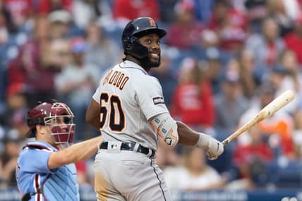 Jun 8, 2023; Philadelphia, Pennsylvania, USA; Detroit Tigers left fielder Akil Baddoo (60) bats against the Philadelphia Phillies at Citizens Bank Park. Mandatory Credit: Bill Streicher-USA TODAY Sports