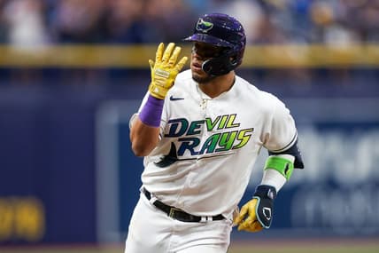 Jun 9, 2023; St. Petersburg, Florida, USA;  Tampa Bay Rays third baseman Isaac Paredes (17) runs the bases after hitting a hits a three-run home run against the Texas Rangers in the third inning at Tropicana Field. Mandatory Credit: Nathan Ray Seebeck-USA TODAY Sports