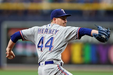 Jun 9, 2023; St. Petersburg, Florida, USA;  Texas Rangers starting pitcher Andrew Heaney (44) throws a pitch against the Tampa Bay Rays in the second inning at Tropicana Field. Mandatory Credit: Nathan Ray Seebeck-USA TODAY Sports