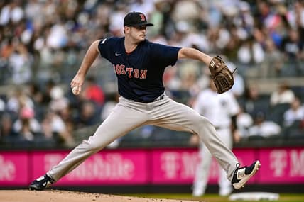 Jun 9, 2023; Bronx, New York, USA; Boston Red Sox starting pitcher Garrett Whitlock (22) pitches against the New York Yankees during the first inning at Yankee Stadium. Mandatory Credit: John Jones-USA TODAY Sports