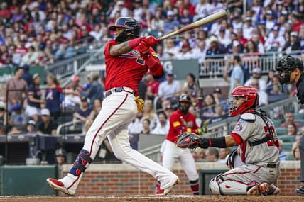Jun 9, 2023; Cumberland, Georgia, USA; Atlanta Braves shortstop Orlando Arcia (11) grounds out to drive in a run against the Washington Nationals during the second inning at Truist Park. Mandatory Credit: Dale Zanine-USA TODAY Sports