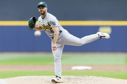 Jun 9, 2023; Milwaukee, Wisconsin, USA;  Oakland Athletics pitcher Sam Moll (60) throws a pitch during the first inning against the Milwaukee Brewers at American Family Field. Mandatory Credit: Jeff Hanisch-USA TODAY Sports