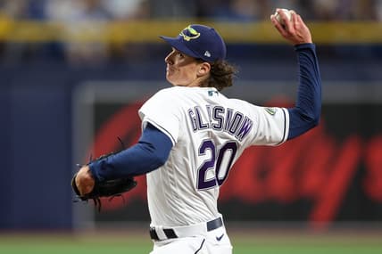 Jun 9, 2023; St. Petersburg, Florida, USA;  Tampa Bay Rays starting pitcher Tyler Glasnow (20) throws a pitch against the Texas Rangers in the fifth inning at Tropicana Field. Mandatory Credit: Nathan Ray Seebeck-USA TODAY Sports