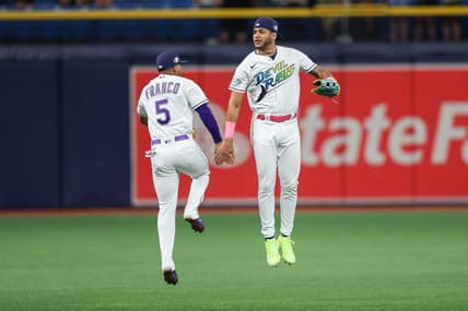 Jun 9, 2023; St. Petersburg, Florida, USA;  Tampa Bay Rays shortstop Wander Franco (5) and center fielder Jose Siri (22) celebrate after beating the Texas Rangers at Tropicana Field. Mandatory Credit: Nathan Ray Seebeck-USA TODAY Sports