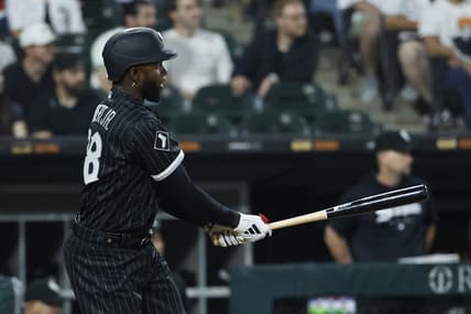 Jun 9, 2023; Chicago, Illinois, USA; Chicago White Sox center fielder Luis Robert Jr. (88) hits a walk-off single against the Miami Marlins during the ninth inning at Guaranteed Rate Field. Mandatory Credit: Kamil Krzaczynski-USA TODAY Sports