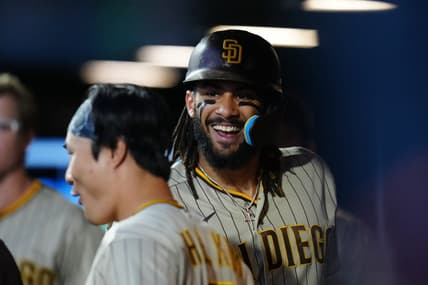 Jun 9, 2023; Denver, Colorado, USA; San Diego Padres right fielder Fernando Tatis Jr. (23) celebrates his solo home run in the sixth inning against the Colorado Rockies at Coors Field. Mandatory Credit: Ron Chenoy-USA TODAY Sports