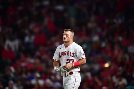 Jun 9, 2023; Anaheim, California, USA; Los Angeles Angels center fielder Mike Trout (27) reacts after striking out to end the seventh inning agianst the Seattle Mariners at Angel Stadium. Mandatory Credit: Gary A. Vasquez-USA TODAY Sports