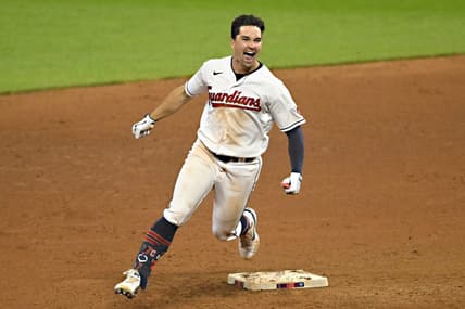 Jun 9, 2023; Cleveland, Ohio, USA; Cleveland Guardians right fielder Will Brennan (17) celebrates his game-winning double in the 14th inning against the Houston Astros at Progressive Field. Mandatory Credit: David Richard-USA TODAY Sports