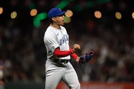 Jun 9, 2023; San Francisco, California, USA; Chicago Cubs pitcher Adbert Alzolay (73) celebrates saving a 3-2 victory over the San Francisco Giants during the ninth inning at Oracle Park. Mandatory Credit: D. Ross Cameron-USA TODAY Sports