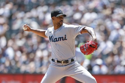 Jun 10, 2023; Chicago, Illinois, USA; Miami Marlins starting pitcher Sandy Alcantara (22) delivers a pitch against the Chicago White Sox during the first inning at Guaranteed Rate Field. Mandatory Credit: Kamil Krzaczynski-USA TODAY Sports