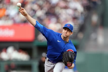 Jun 10, 2023; San Francisco, California, USA; Chicago Cubs starting pitcher Kyle Hendricks (28) throws a pitch against the San Francisco Giants during the sixth inning at Oracle Park. Mandatory Credit: Darren Yamashita-USA TODAY Sports