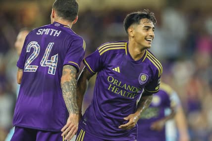 Jun 10, 2023; Orlando, Florida, USA;  Orlando City SC forward Facundo Torres (17) reacts after scoring a goal against the Colorado Rapids in the second half at Exploria Stadium. Mandatory Credit: Nathan Ray Seebeck-USA TODAY Sports