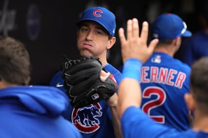 Jun 10, 2023; San Francisco, California, USA; Chicago Cubs starting pitcher Kyle Hendricks (28) is congratulated by teammates at the end of the eighth inning against the San Francisco Giants at Oracle Park. Mandatory Credit: Darren Yamashita-USA TODAY Sports