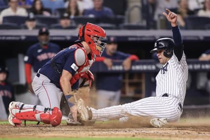 Jun 10, 2023; Bronx, New York, USA; Boston Red Sox catcher Reese McGuire (3) is unable to hold onto the ball allowing New York Yankees center fielder Isiah Kiner-Falefa (12) to score at Yankee Stadium. Mandatory Credit: Wendell Cruz-USA TODAY Sports