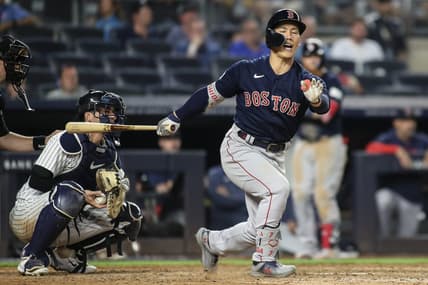 Jun 10, 2023; Bronx, New York, USA; Boston Red Sox left fielder Masataka Yoshida (7) reacts after striking out in the ninth inning against the New York Yankees at Yankee Stadium. Mandatory Credit: Wendell Cruz-USA TODAY Sports