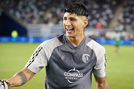 Jun 10, 2023; Kansas City, Kansas, USA; Sporting Kansas City forward Alan Pulido (9) celebrates at the end of the game against the Austin FC at Children's Mercy Park. Mandatory Credit: Denny Medley-USA TODAY Sports