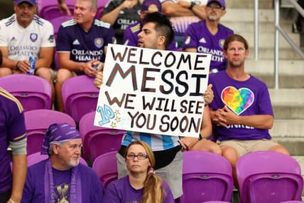 Jun 10, 2023; Orlando, Florida, USA;  fans show support for Lionel Messi before a match featuring Orlando City SC and the Colorado Rapids at Exploria Stadium. Mandatory Credit: Nathan Ray Seebeck-USA TODAY Sports