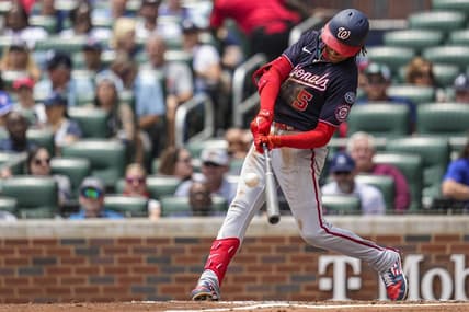Jun 11, 2023; Cumberland, Georgia, USA; Washington Nationals shortstop CJ Abrams (5) singles against the Atlanta Braves during the third inning at Truist Park. Mandatory Credit: Dale Zanine-USA TODAY Sports
