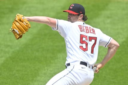 Jun 11, 2023; Cleveland, Ohio, USA; Cleveland Guardians starting pitcher Shane Bieber (57) delivers a pitch in the third inning against the Houston Astros at Progressive Field. Mandatory Credit: David Richard-USA TODAY Sports