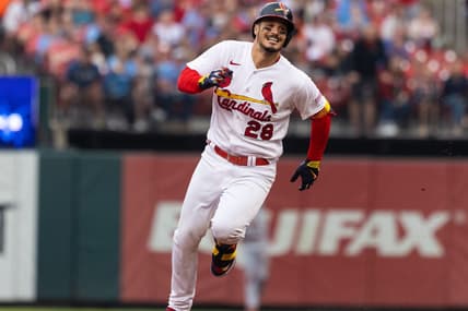 Jun 11, 2023; St. Louis, Missouri, USA;  St. Louis Cardinals Nolan Arenado (28) hits a triple in the third inning against the Cincinatti Reds at Busch Stadium. Mandatory Credit: Zach Dalin-USA TODAY Sports