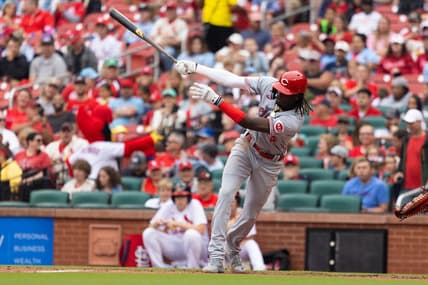Jun 11, 2023; St. Louis, Missouri, USA; Cincinatti Reds Elly De La Cruz (44) hits a base hit against the St. Louis Cardinals in the third inning at Busch Stadium. Mandatory Credit: Zach Dalin-USA TODAY Sports