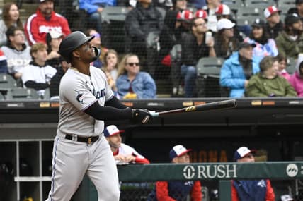 Jun 11, 2023; Chicago, Illinois, USA;  Miami Marlins designated hitter Jorge Soler (12) hits a home run against the Chicago White Sox during the fifth inning at Guaranteed Rate Field. Mandatory Credit: Matt Marton-USA TODAY Sports