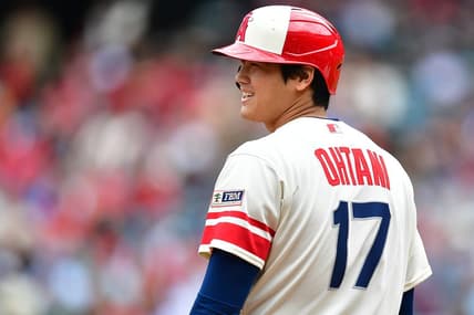 June 11, 2023; Anaheim, California, USA; Los Angeles Angels designated hitter Shohei Ohtani (17) reacts during the third inning at Angel Stadium. Mandatory Credit: Gary A. Vasquez-USA TODAY Sports