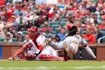 Jun 11, 2023; St. Louis, Missouri, USA; Cincinnati Reds Elly De La Cruz (44) scores against the St. Louis Cardinals at Busch Stadium in the eighth inning. Mandatory Credit: Zach Dalin-USA TODAY Sports