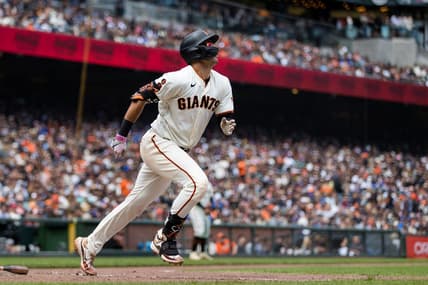 Jun 11, 2023; San Francisco, California, USA;  San Francisco Giants catcher Blake Sabol (2) hits an RBI single against the Chicago Cubs during the fourth inning at Oracle Park. Mandatory Credit: John Hefti-USA TODAY Sports
