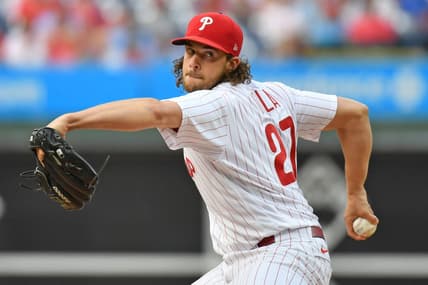 Jun 5, 2023; Philadelphia, Pennsylvania, USA; Philadelphia Phillies starting pitcher Aaron Nola (27) throws a pitch against the Detroit Tigers at Citizens Bank Park. Mandatory Credit: Eric Hartline-USA TODAY Sports