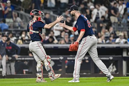 Jun 11, 2023; Bronx, New York, USA; Boston Red Sox catcher Connor Wong (12) and relief pitcher Chris Martin (55) react after defeating the New York Yankees at Yankee Stadium. Mandatory Credit: John Jones-USA TODAY Sports