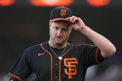 Jun 3, 2023; San Francisco, California, USA;  San Francisco Giants starting pitcher Alex Cobb (38) walks to the dugout during the first inning against the Baltimore Orioles at Oracle Park. Mandatory Credit: Darren Yamashita-USA TODAY Sports