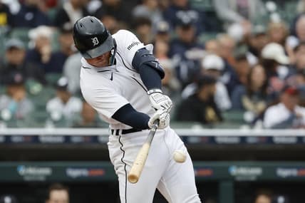Jun 12, 2023; Detroit, Michigan, USA;  Detroit Tigers first baseman Spencer Torkelson (20) hits a single in the first inning against the Atlanta Braves at Comerica Park. Mandatory Credit: Rick Osentoski-USA TODAY Sports