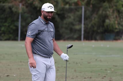 Jun 12, 2023; Los Angeles, California, USA; Jon Rahm looks on at the practice range during a practice round of the U.S. Open golf tournament at the Los Angeles Country Club. Mandatory Credit: Kiyoshi Mio-USA TODAY Sports