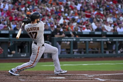 Jun 12, 2023; St. Louis, Missouri, USA;  San Francisco Giants left fielder Mitch Haniger (17) hits a one run double against the St. Louis Cardinals during the third inning at Busch Stadium. Mandatory Credit: Jeff Curry-USA TODAY Sports