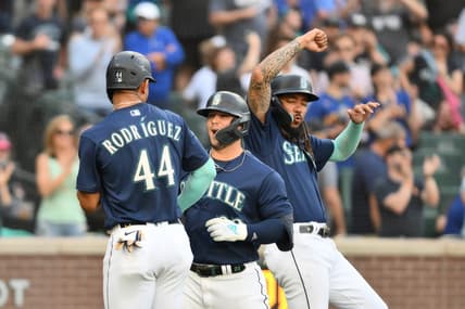 Jun 12, 2023; Seattle, Washington, USA; Seattle Mariners center fielder Julio Rodriguez (44) and first baseman Ty France (23) and shortstop J.P. Crawford (3) celebrate after France hit a three-run home run against the Miami Marlins during the second inning at T-Mobile Park. Mandatory Credit: Steven Bisig-USA TODAY Sports