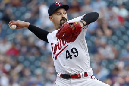Jun 13, 2023; Minneapolis, Minnesota, USA; Minnesota Twins starting pitcher Pablo Lopez (49) throws to the Milwaukee Brewers in the first inning at Target Field. Mandatory Credit: Bruce Kluckhohn-USA TODAY Sports