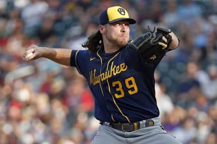 Jun 13, 2023; Minneapolis, Minnesota, USA; Milwaukee Brewers starting pitcher Corbin Burnes (39) throws to the Minnesota Twins in the first inning at Target Field. Mandatory Credit: Bruce Kluckhohn-USA TODAY Sports