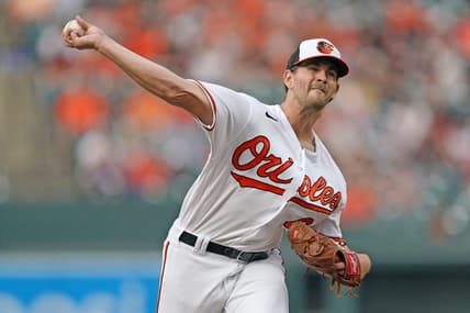 Jun 13, 2023; Baltimore, Maryland, USA; Baltimore Orioles starting pitcher Dean Kremer (64) delivers a pitch in the first inning against the Toronto Blue Jays at Oriole Park at Camden Yards. Mandatory Credit: Mitch Stringer-USA TODAY Sports