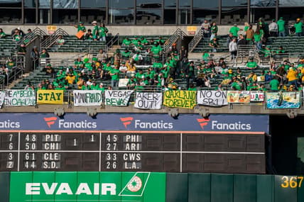 Jun 13, 2023; Oakland, California, USA; Protesters before the start of the game between Oakland Athletics and Tampa Bay Rays at Oakland-Alameda County Coliseum. Mandatory Credit: Neville E. Guard-USA TODAY Sports