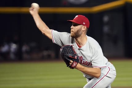 Jun 13, 2023; Phoenix, Arizona, USA; Philadelphia Phillies starting pitcher Zack Wheeler (45) pitches against the Arizona Diamondbacks during the first inning at Chase Field. Mandatory Credit: Joe Camporeale-USA TODAY Sports