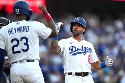 Jun 13, 2023; Los Angeles, California, USA; Los Angeles Dodgers left fielder David Peralta (6) celebrates after hitting a two-run home run in the first inning against the Chicago White Sox at Dodger Stadium. Mandatory Credit: Kirby Lee-USA TODAY Sports