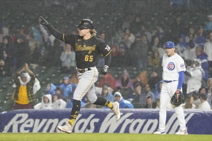 Jun 13, 2023; Chicago, Illinois, USA; Pittsburgh Pirates center fielder Jack Suwinski (65) runs the bases after hitting a home run against the Chicago Cubs during the sixth inning at Wrigley Field. Mandatory Credit: David Banks-USA TODAY Sports